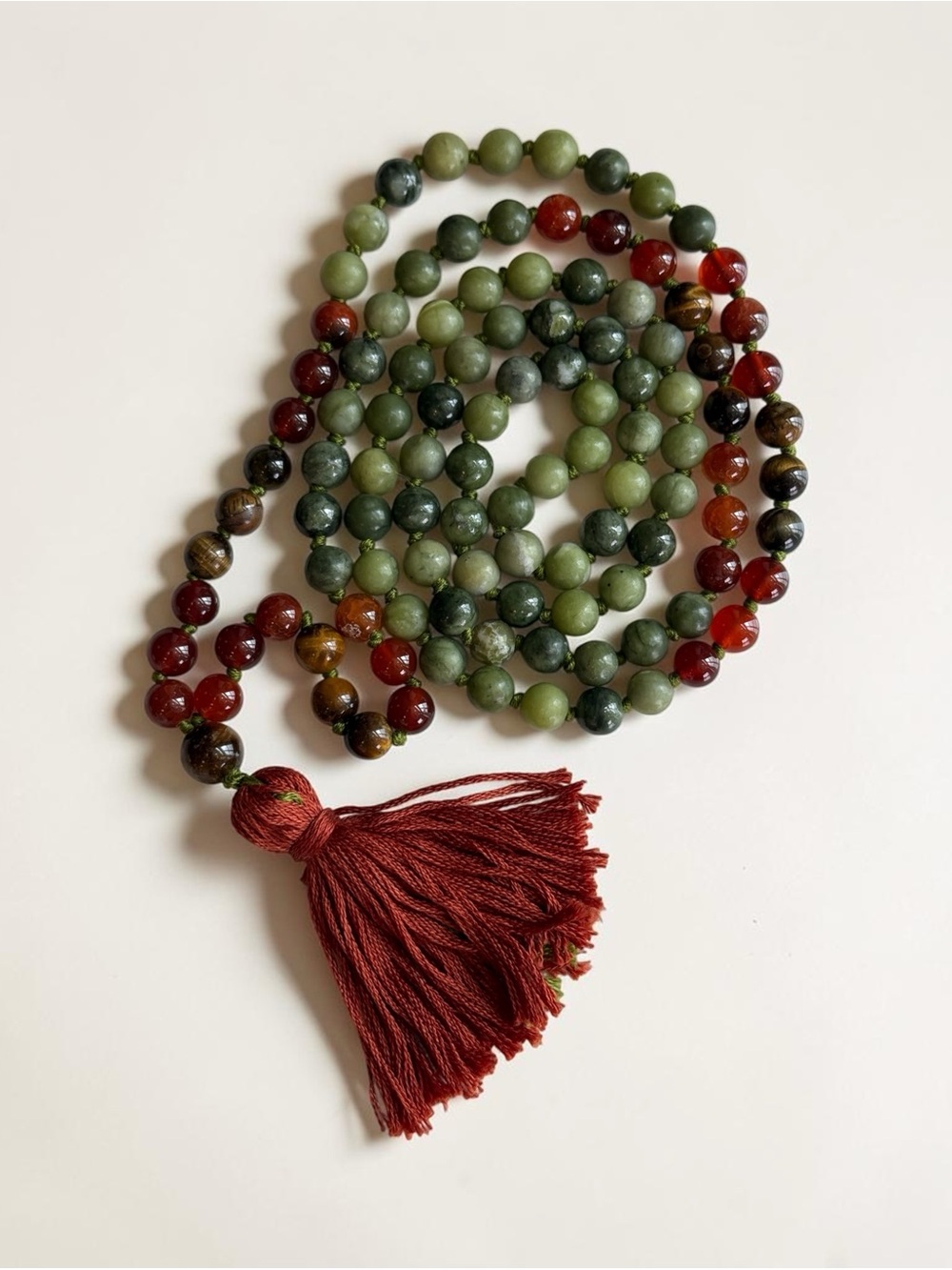 Prosperity & Vitality Mala Handmade Chinese Green Jade Carnelian & Tigers Eye